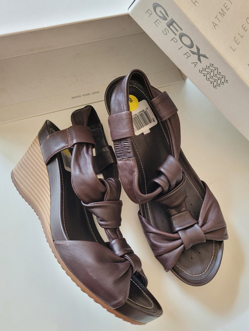 Geox Brown Knotted Leather Wedge Sandals